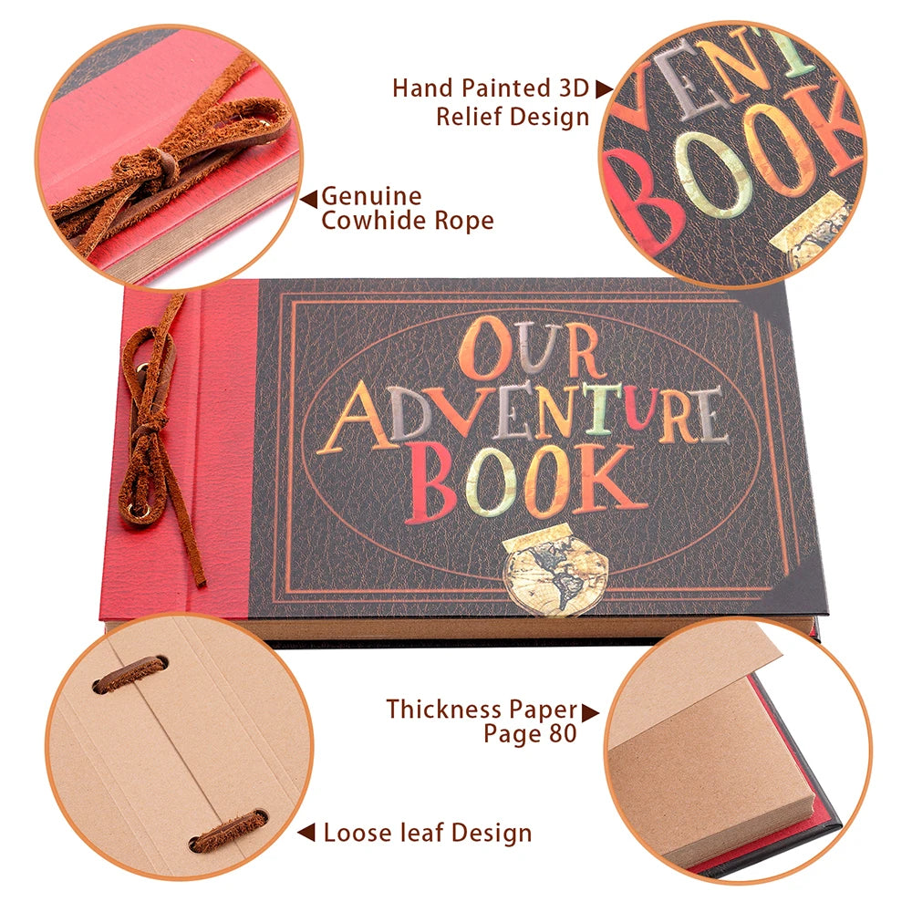 80 pages Our Adventure Book Scrapbook Photo Album 3d Retro Embossed Letter Hard Cover Friends Family Memo ry Book 11.9x7.6 Inch
