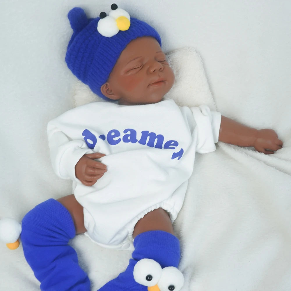 Full Platinum Silicone Body Baby Black Girl Reborn Doll Handmade 3D Painted Cute African Skin Newborn Baby Cuddly 19.29 Inch
