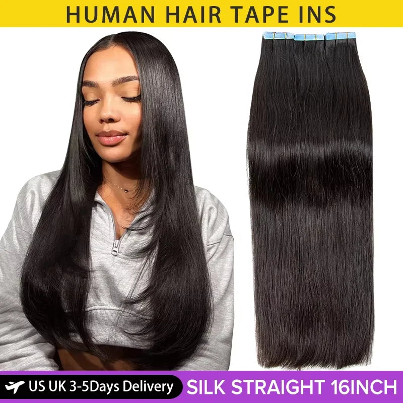 MRSHAIR Tape in Hair Extensions Human Hair Silk Straight Cuticle Remy Tape in Extensions Skin Weft 20pcs/Pack 12-24inch Tape Ins