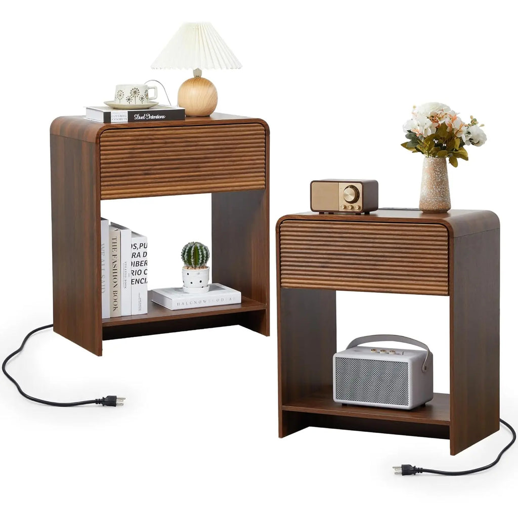 Fluted Nightstand Set of 2 with Charging Station, Modern Bed Side Table End Table with Drawer Storage, Large Wooden, Customized