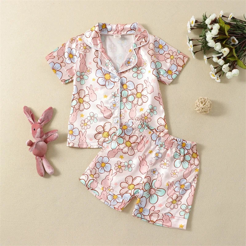2Pcs Easter Pajamas Set Long Sleeve Striped Print Button Down Shirts and Pants Set Loungewear for Kids
