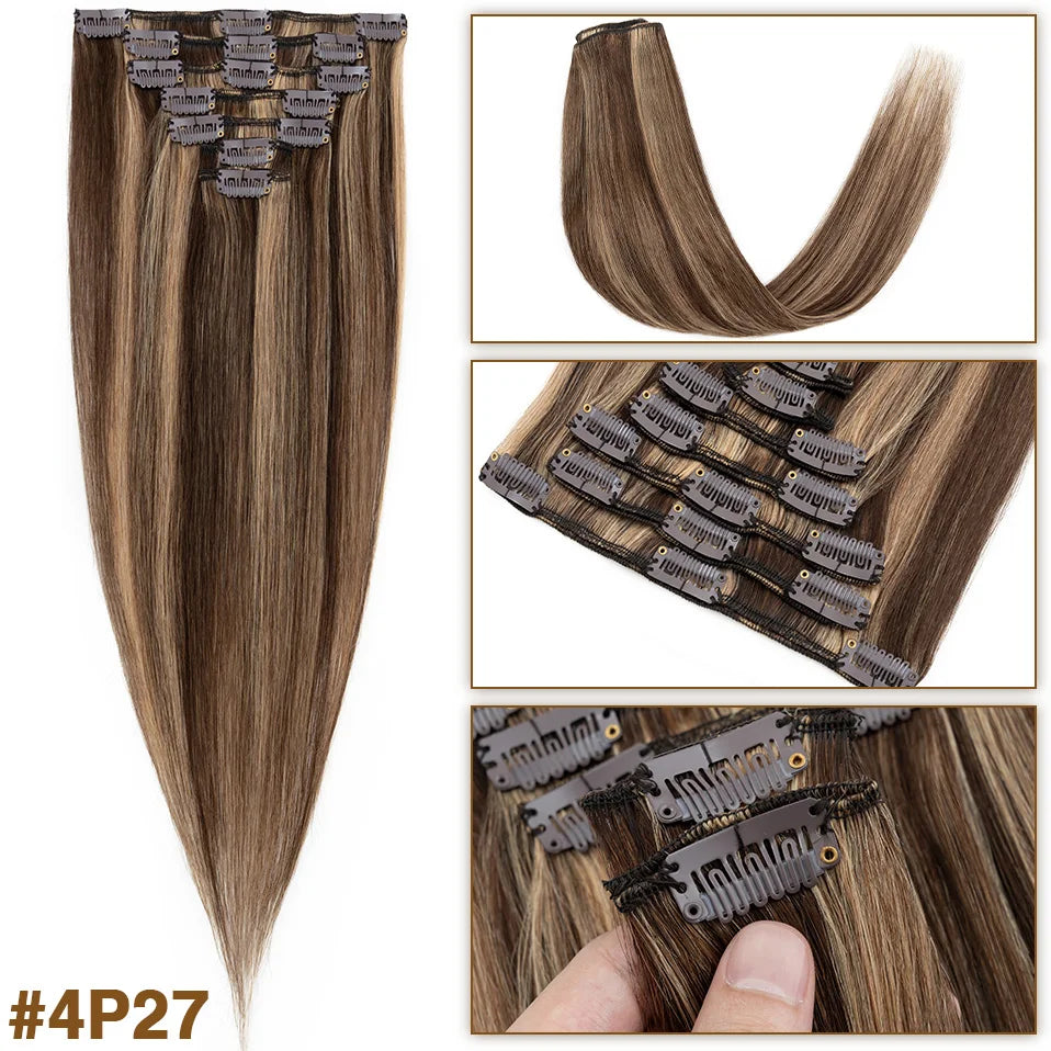 S-noilite 65g Clip In Hair Extensions Human Hair Natural Extension Hair Clips 7Pcs/Set 15"-22" Full Head Clip In Natural Hair