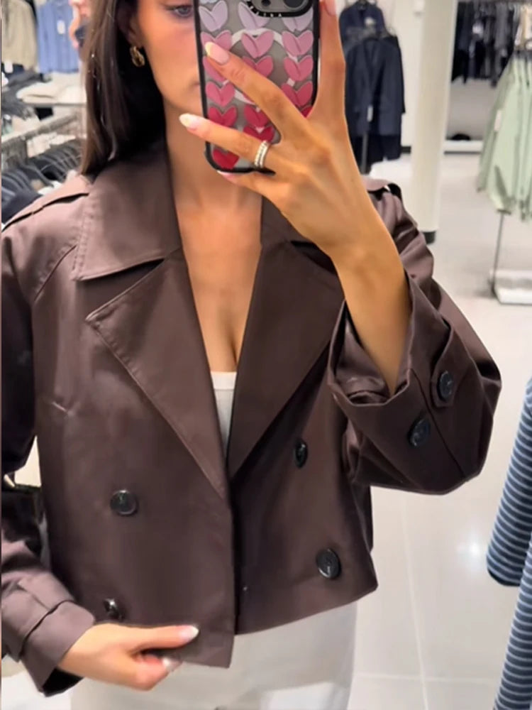Solid Double-breasted Short Windbreaker Women Fashion Lapel Long Sleeve Slim Thin Jackets 2025 Autumn Female High Street Outwear