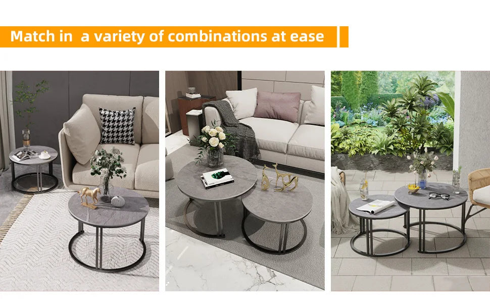 Circle Nesting Coffee Table Set of 2, Modern Chic Round Nested Center Coffee Table with Sinter Stone-top Stacked Sofa Side Table