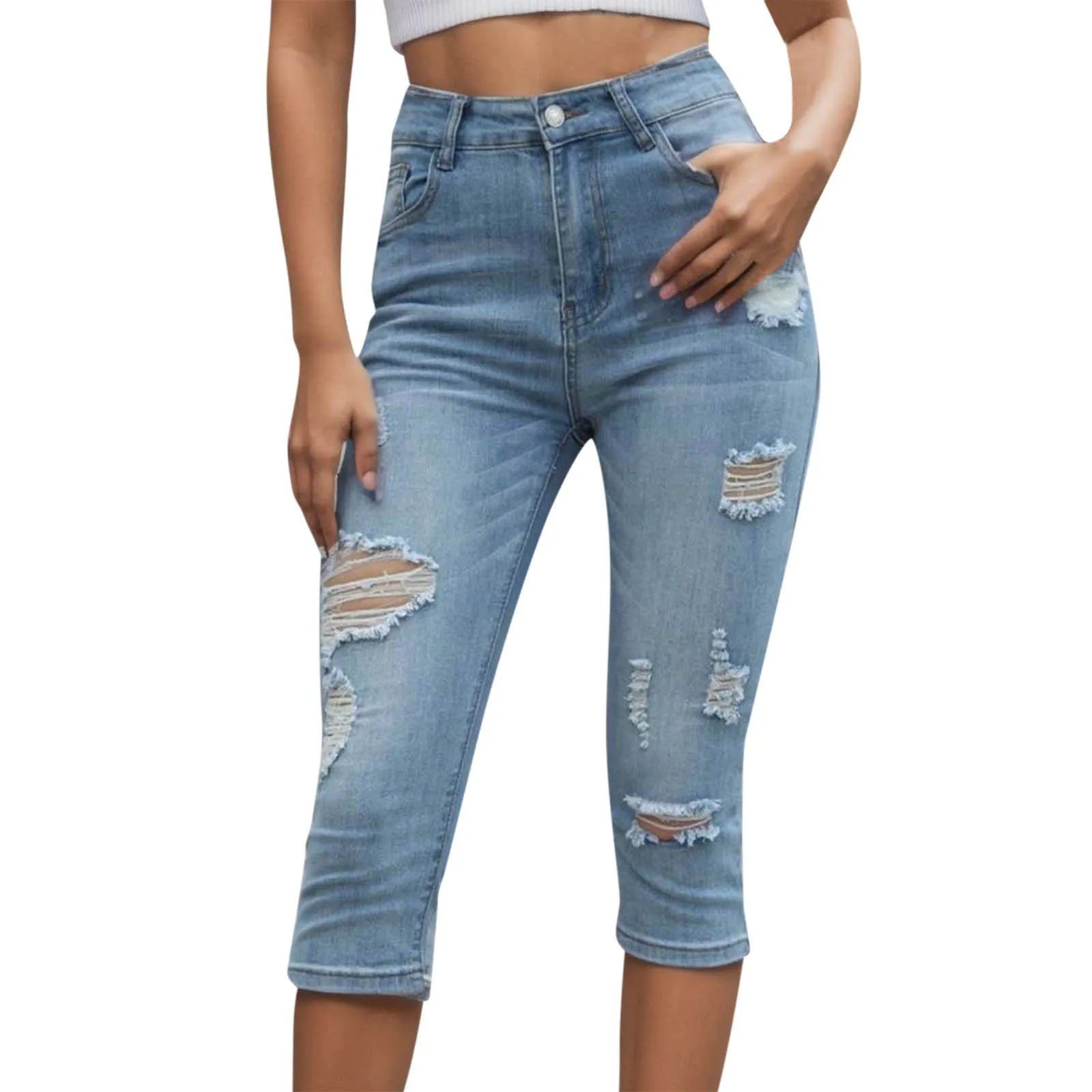 Women Casual Jean Pants Simple Fashion Ripped Make Old High Waist Belt Slim Fit Look Thin Cropped Jeans Trousers With Pocket