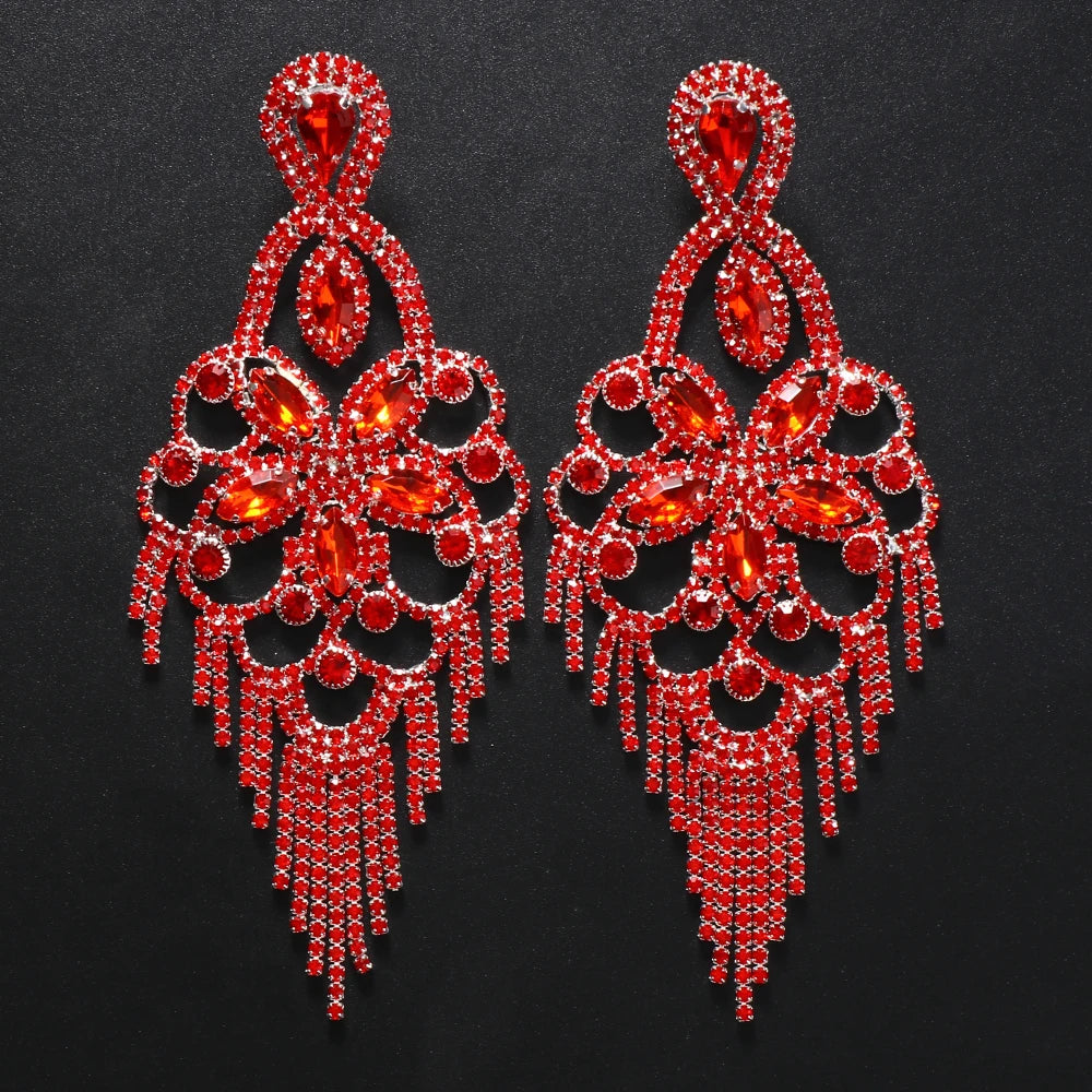 GLAMing Multicolors Exaggerated Rhinestone Tassel Earrings Flower Crystal Earrings Long Dangle Earrings Women Fashion Jewelry