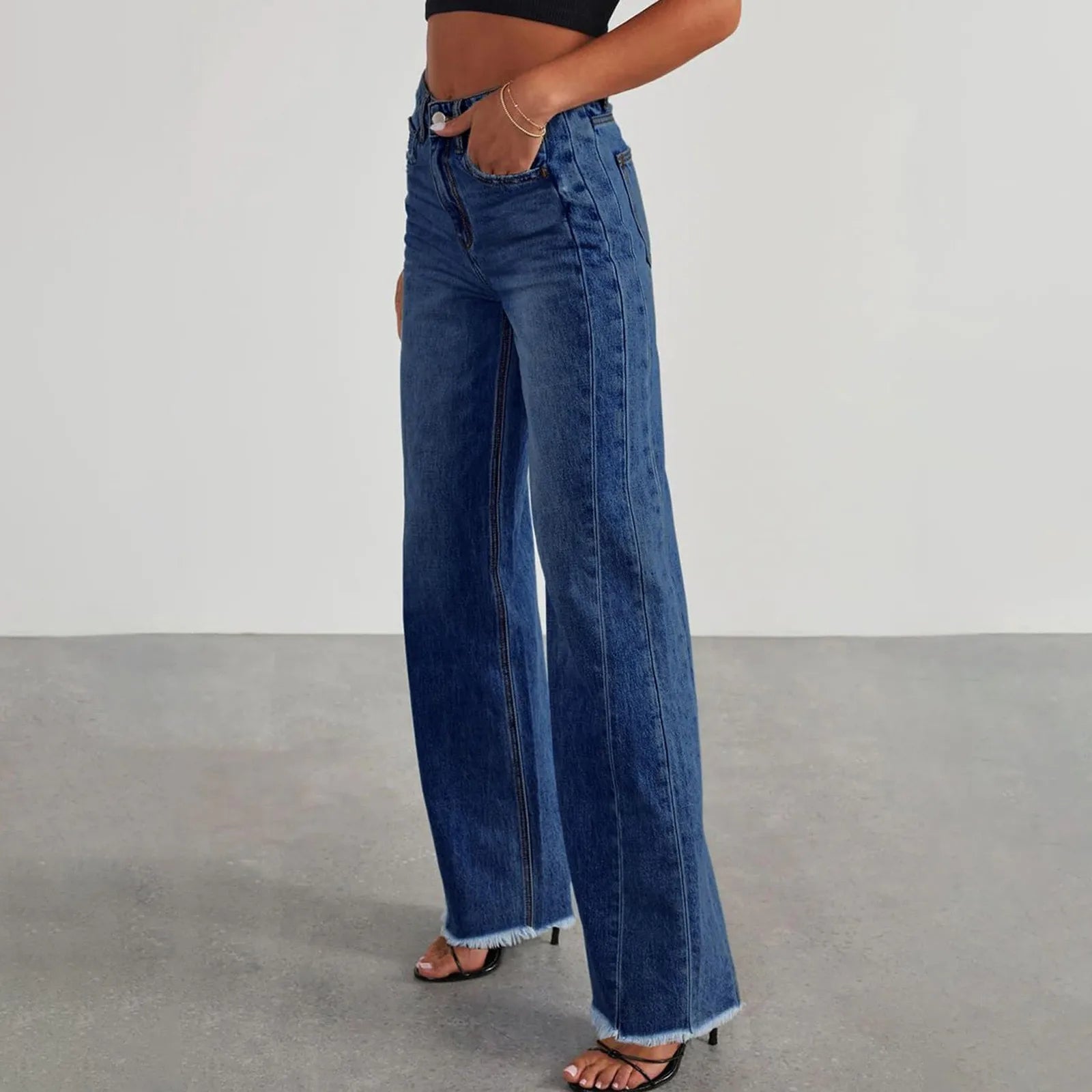 Retro High Waist Straight Leg Jeans Women's Fashion Cross-Border Frayed Hem New Style Side Seam Patchwork Distressed