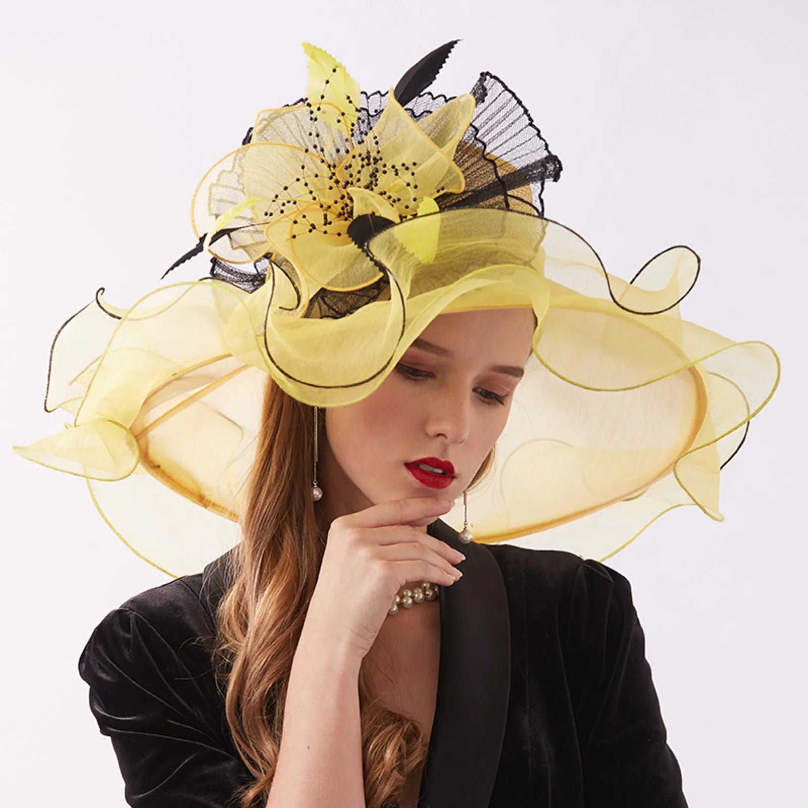 Women Elegant Sun Hats Wide Brim Organza Fedoras Wedding Derby Tea Party Fascinator Hat Summer Floral Sunhats Ladies Beach Cap