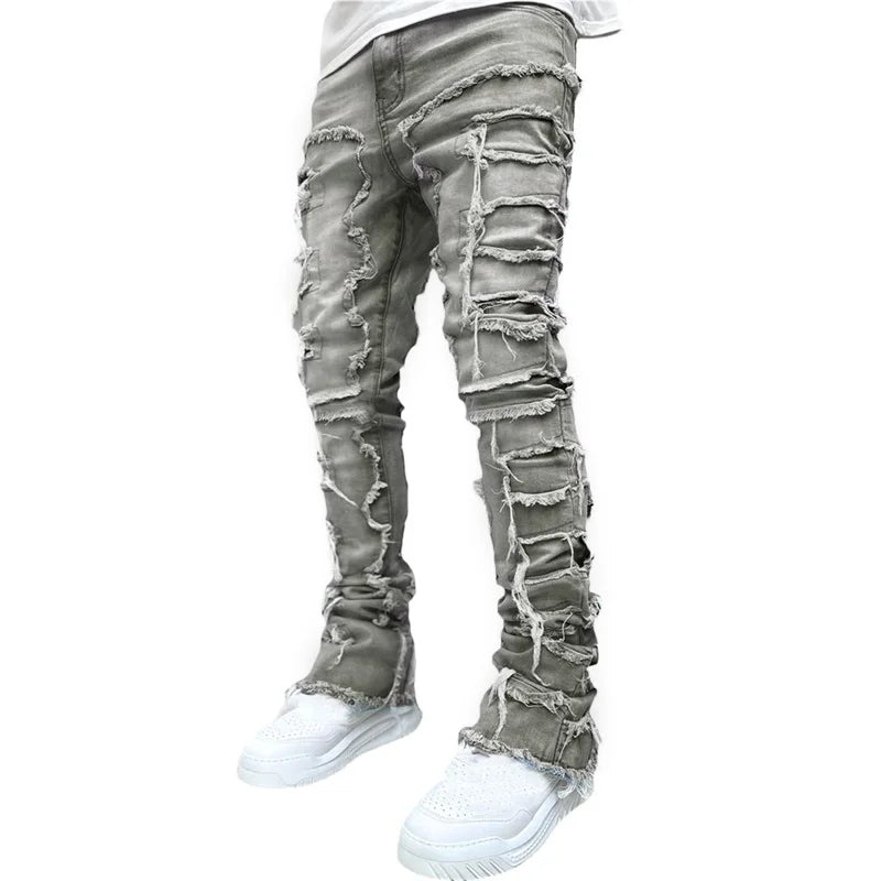 Men Skinny Pants Vintage Patch Frayed Denim Pants Spring Fall Casual Leggings Trousers with Pockets