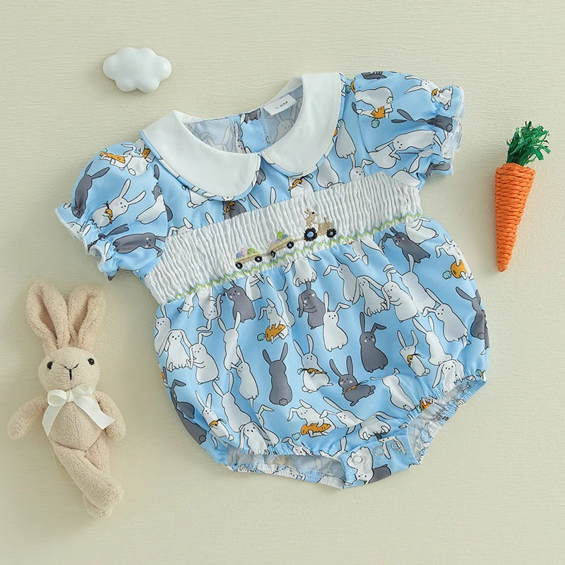 Toddler Girls Floral Print Ruffle Sleeve Rompers Easter Outfit Bunny Ear Headband Set Summer Jumpsuits Playsuits