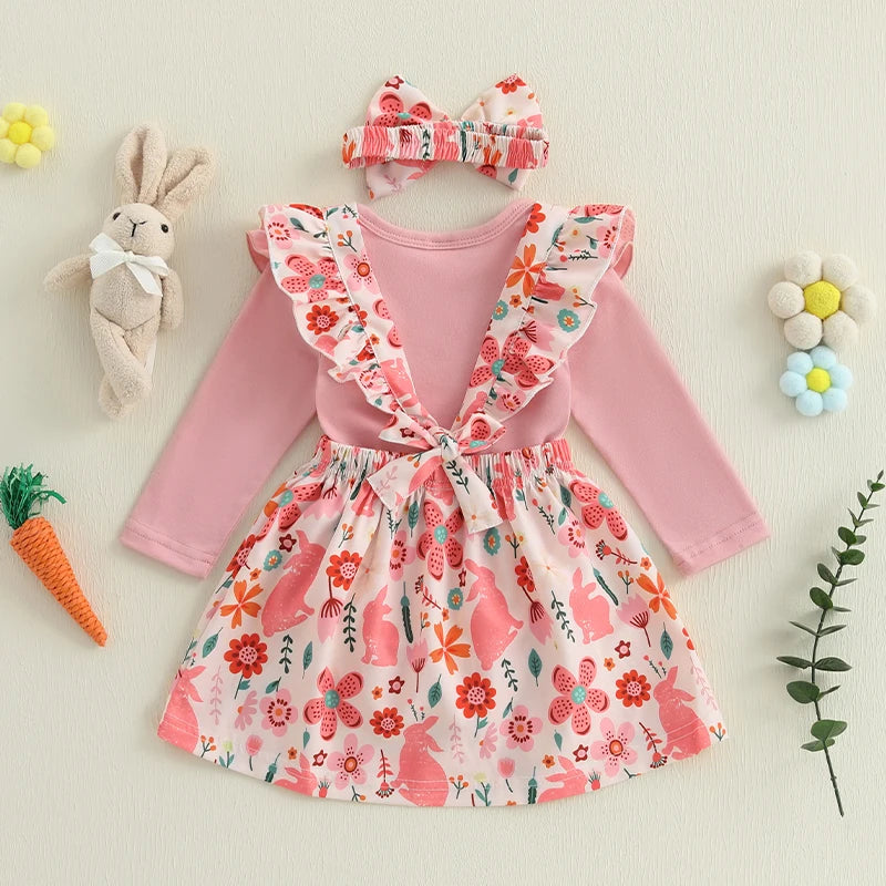Adorable Infant Easter Ensemble with Bunny Print Suspender Skirt Solid Romper and Matching Headband - 3-Piece Set for Baby