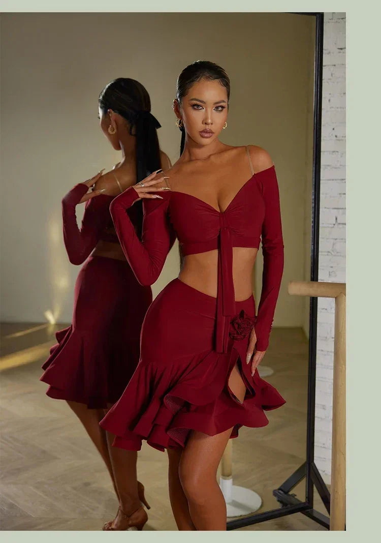 Sexy Off Shoulder Latin Top Ruffled Skirts Latin Dance Costume Stage Performance Clothes Samba Tango Dance Wear Set for Women