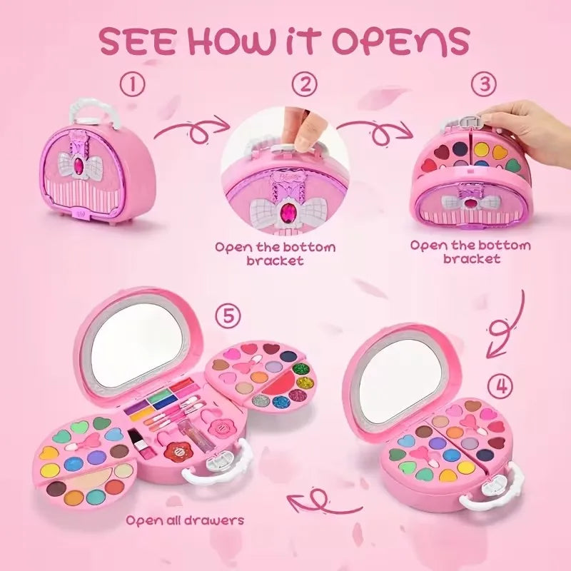 1set Colorful Girls' Pretend Makeup Toy Set - Pink and White Plastic Makeup Case with Mirror, Brushes, and Accessories.
