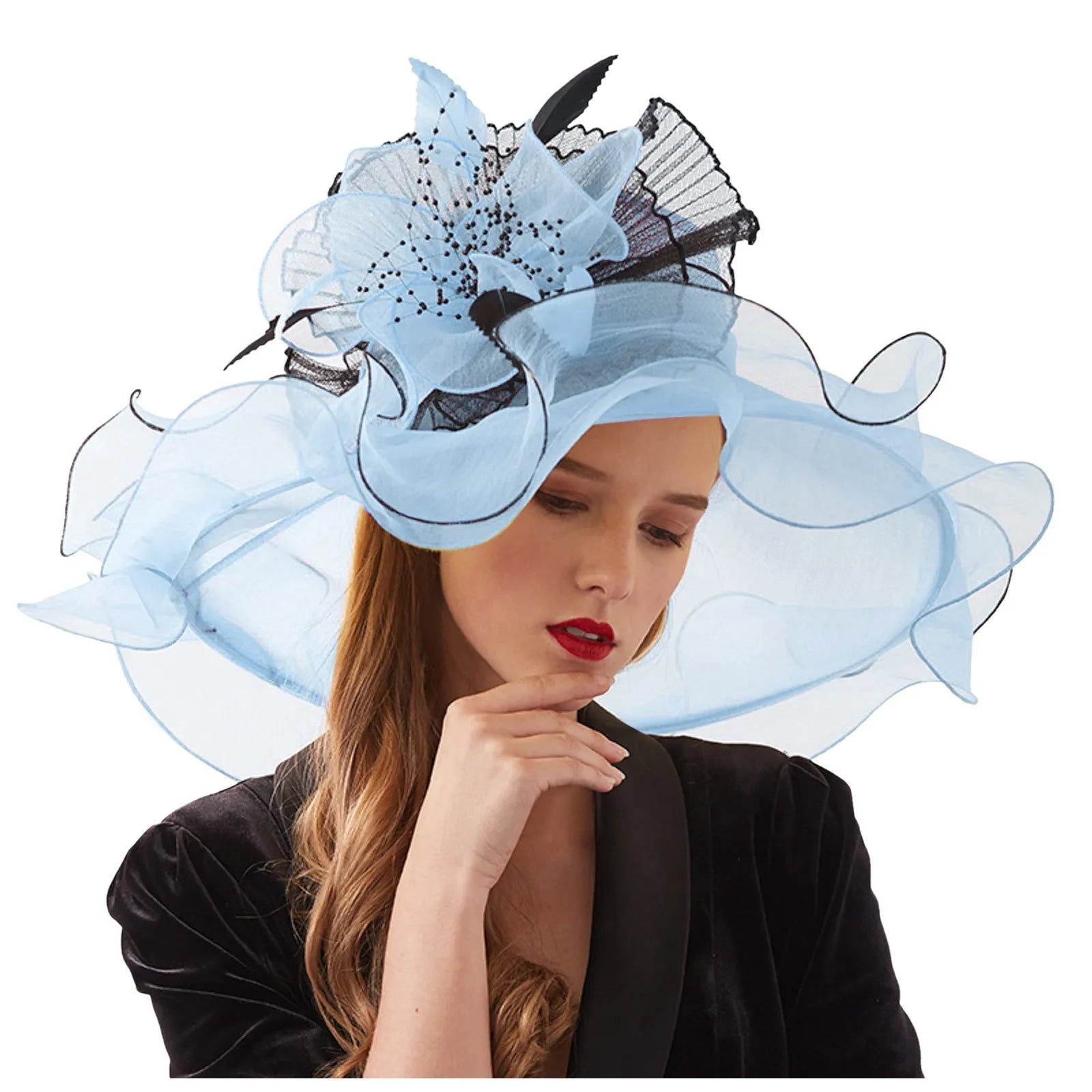 Women Elegant Sun Hats Wide Brim Organza Fedoras Wedding Derby Tea Party Fascinator Hat Summer Floral Sunhats Ladies Beach Cap