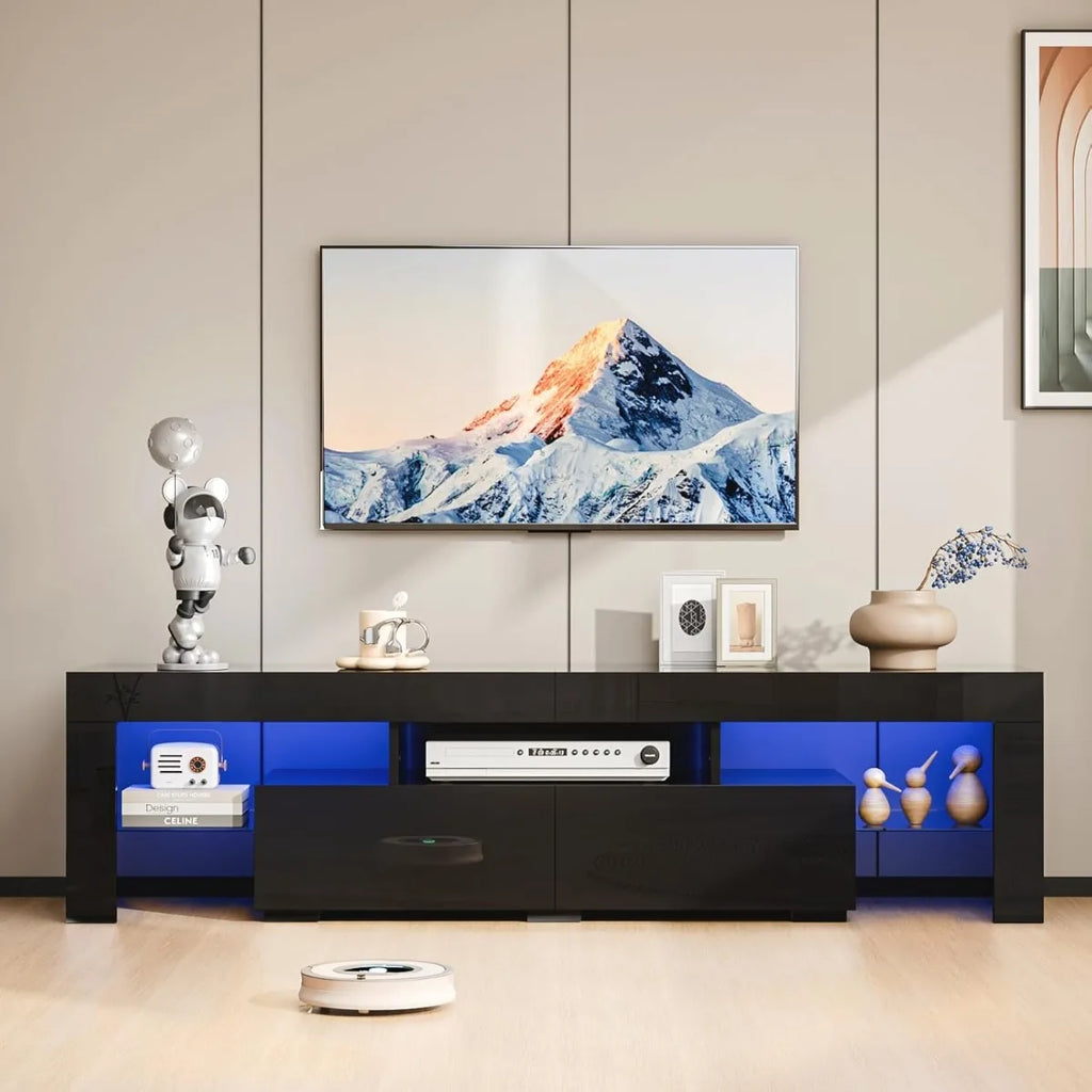 VINGLI LED TV Stand, 63'' High Glossy Modern Entertainment Center with LED Lights and Storage for 55/60/65/70 Inch TV - White