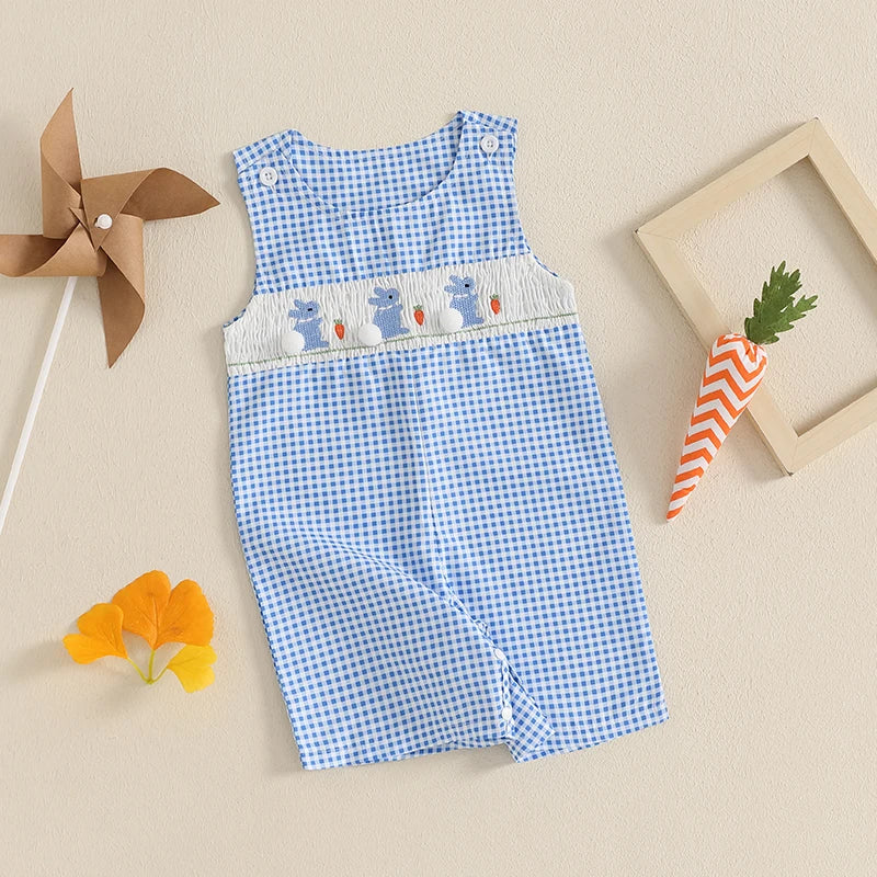 Adorable Toddler Girls Easter Outfits Bunny Print Sleeveless Rompers Plaid Overalls Jumpsuits with Carrot Embroidery
