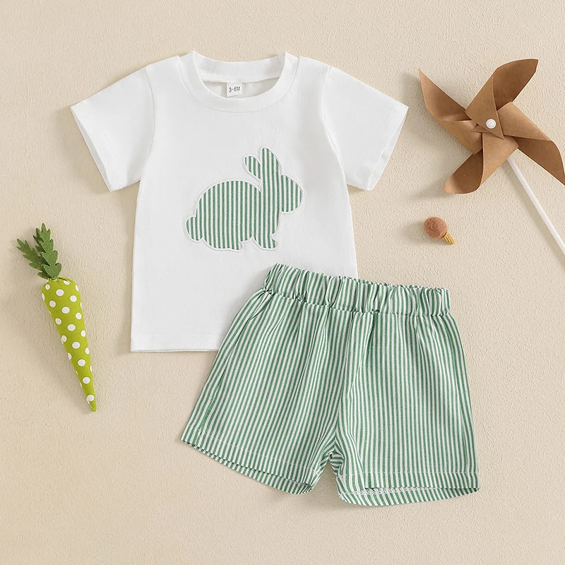 Toddler Boy Easter Bunny Carrot Print Short Sleeve T-shirt and Plaid Shorts Set for Spring Holiday Outfit