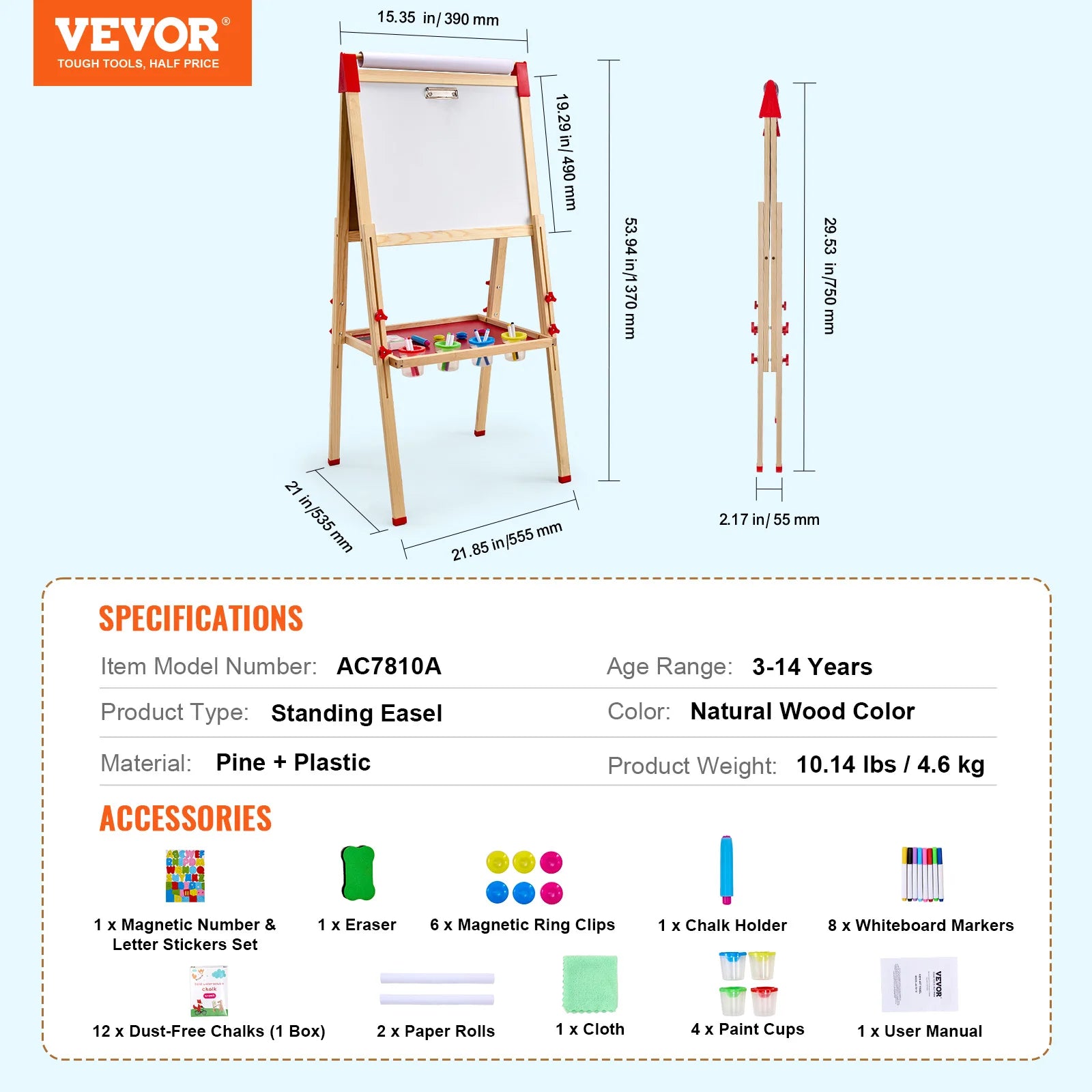 SucceBuy Children Magnetic Drawing Board Wooden Double-Sided Kid's Art Easel with Whiteboard Chalkboard for Girls Gifts Toys