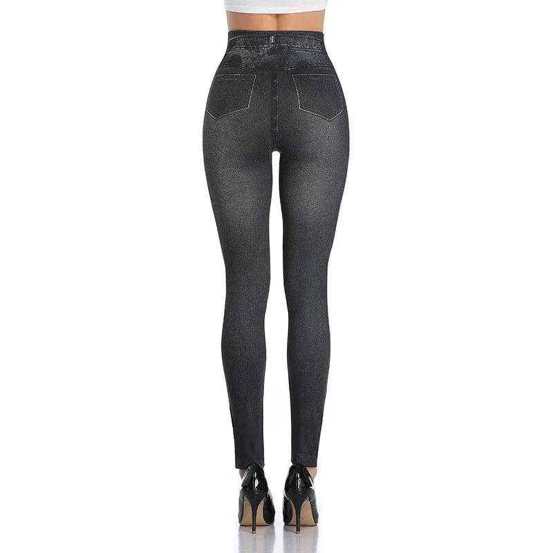 Push Up Seamless High Waist Faux Denim Leggings Women Casual Elastic Pocket Jeans Print Pants Skinny Pencil Leggins Mujer