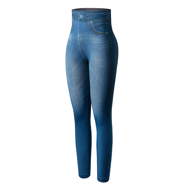 Push Up Seamless High Waist Faux Denim Leggings Women Casual Elastic Pocket Jeans Print Pants Skinny Pencil Leggins Mujer