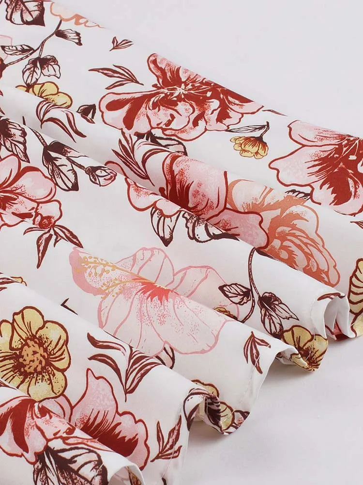 Retro Vintage Women's Summer Dress V-Neck Sleeveless High Waist Chic Floral Print with Belt 50s Style