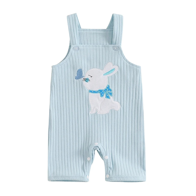 Easter Bunny Embroidered Sleeveless Romper Jumpsuit Square Neck Bodysuit for Infant Boys and Girls Cute Holiday Outfit