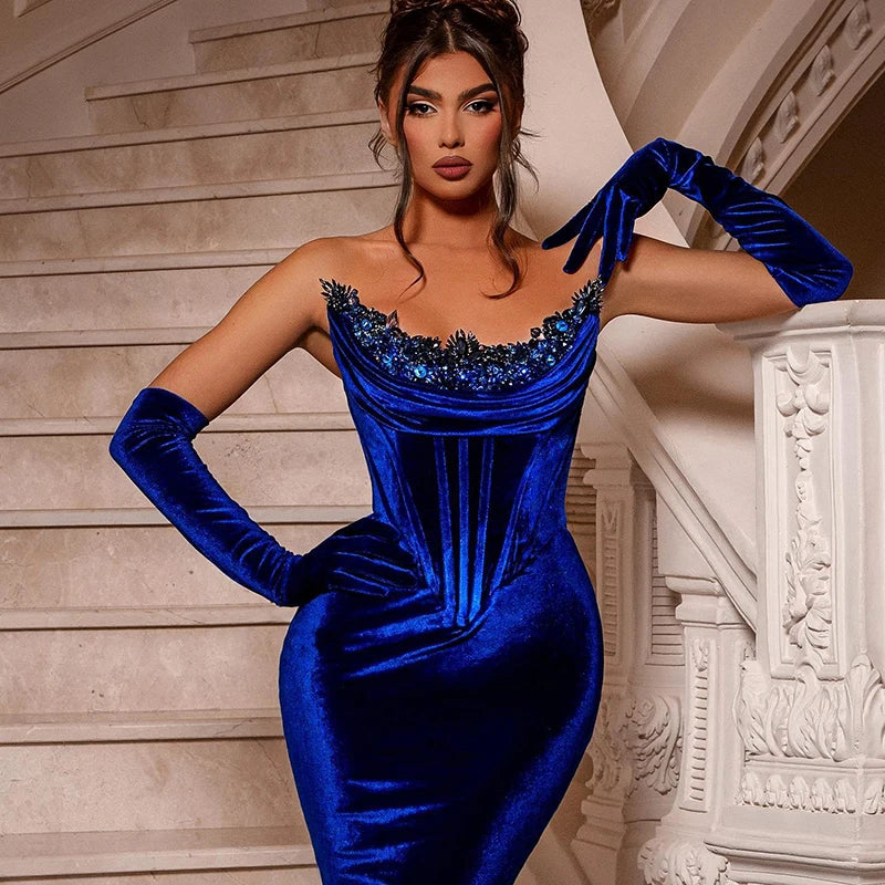 Thinyfull 2023 Blue Mermaid Prom Dresses Strapless Beadings Velvet Evening Dress Floor Length Cocktail Party Gowns Customized