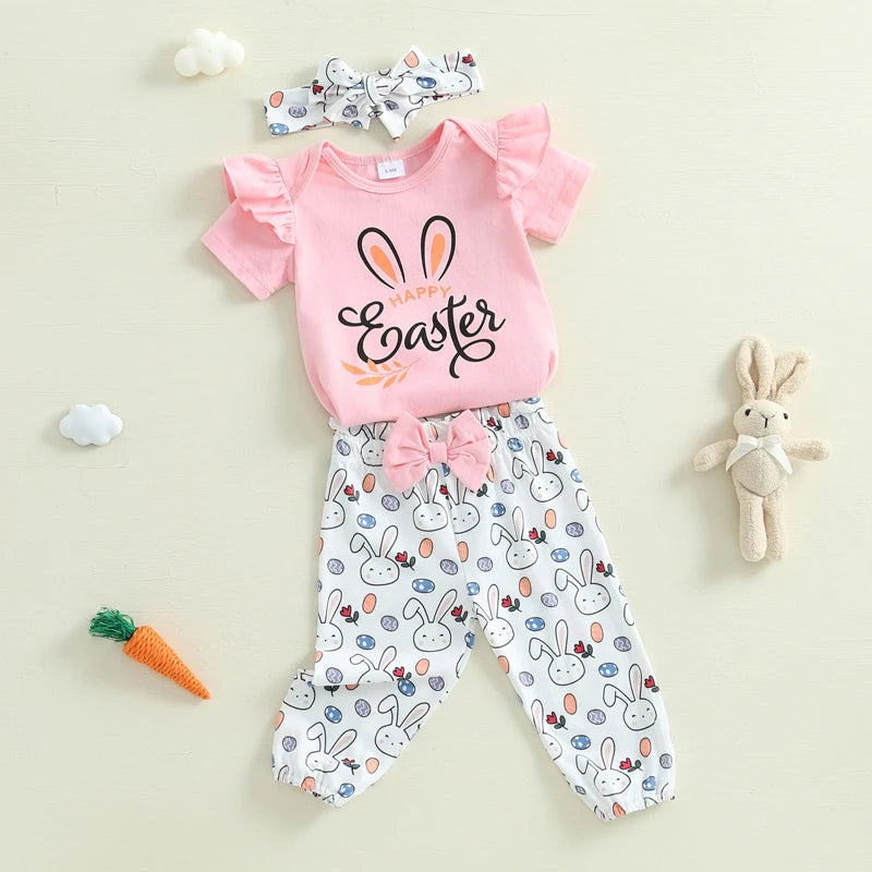 Adorable Baby Girl Easter Outfit Set with Letter Print Romper Bunny Print Pants and Matching Headband - 3 Piece Ensemble