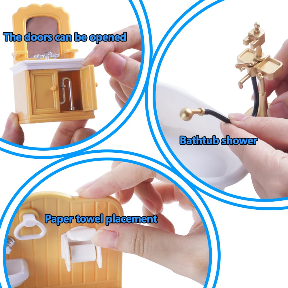SENGTONGLE-T03 Bathroom Set Dollhouse Miniature Furniture Bathtub Pretend Play Doll House Accessories For Boy Girl Gifts