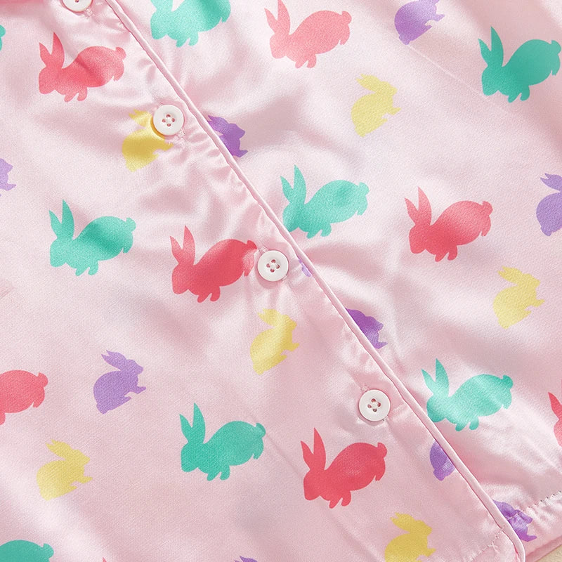 Easter 2-Piece Pajama Set with Short Sleeve Lapel Bunny Print Shirt and Shorts for Comfortable Sleepwear
