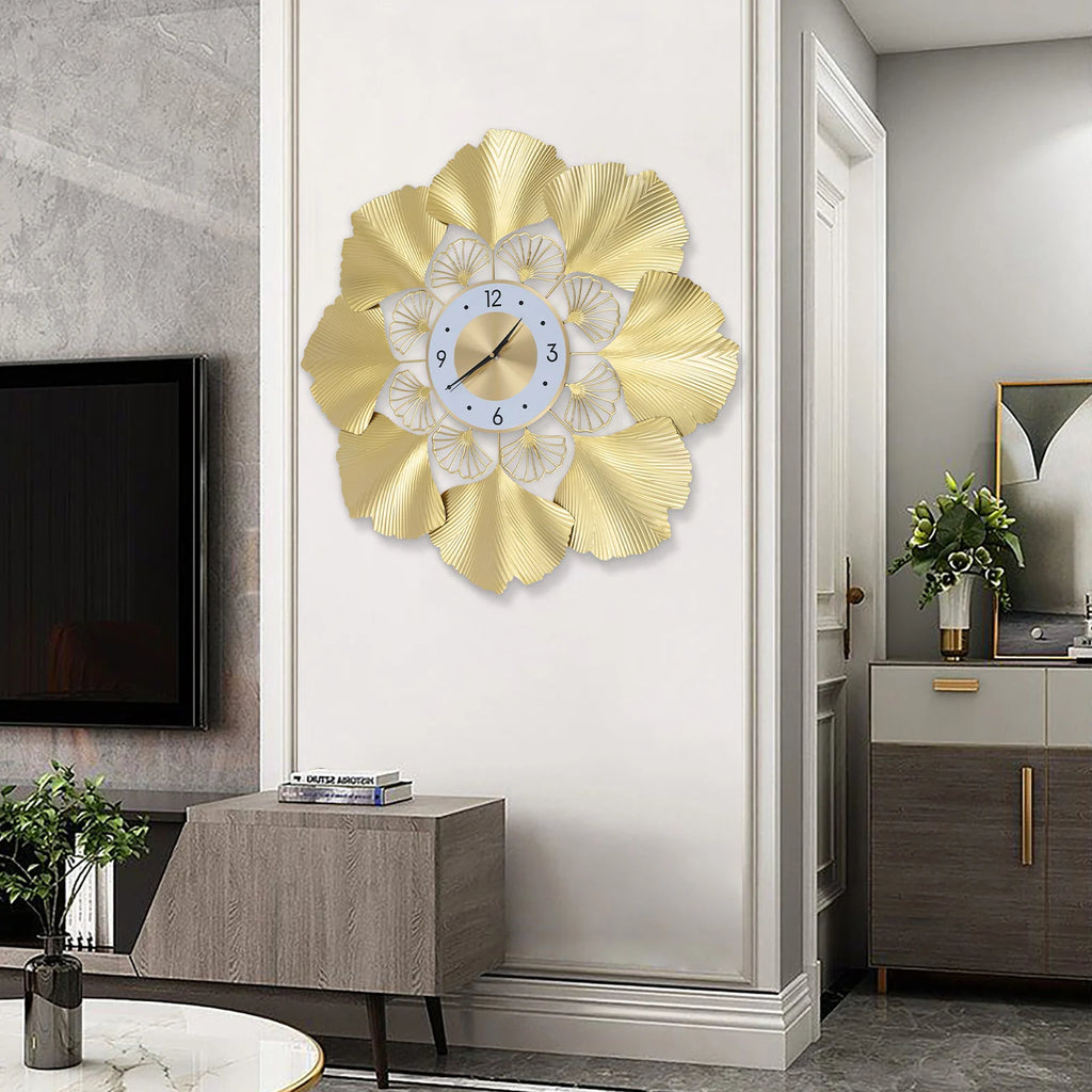 Ginkgo Wall Clock 3D Creative Ginkgo Wall Clock Golden Dial Design Silent Scanning Second Movement Digital Display Study Office
