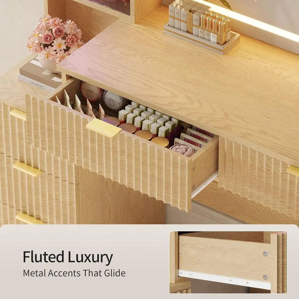 Large 59 Fluted Wood Vanity Desk with LED Mirror & Sound Sync Lights, 8 Drawers, 2 Glass Cabinets, Charging Station, Oak