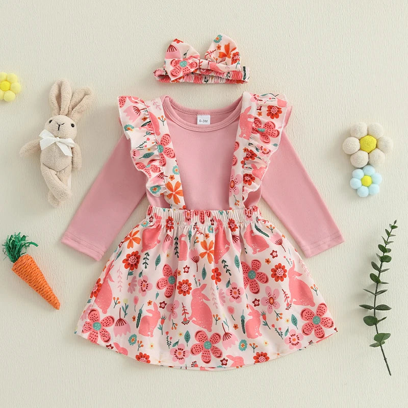 Adorable Infant Easter Ensemble with Bunny Print Suspender Skirt Solid Romper and Matching Headband - 3-Piece Set for Baby
