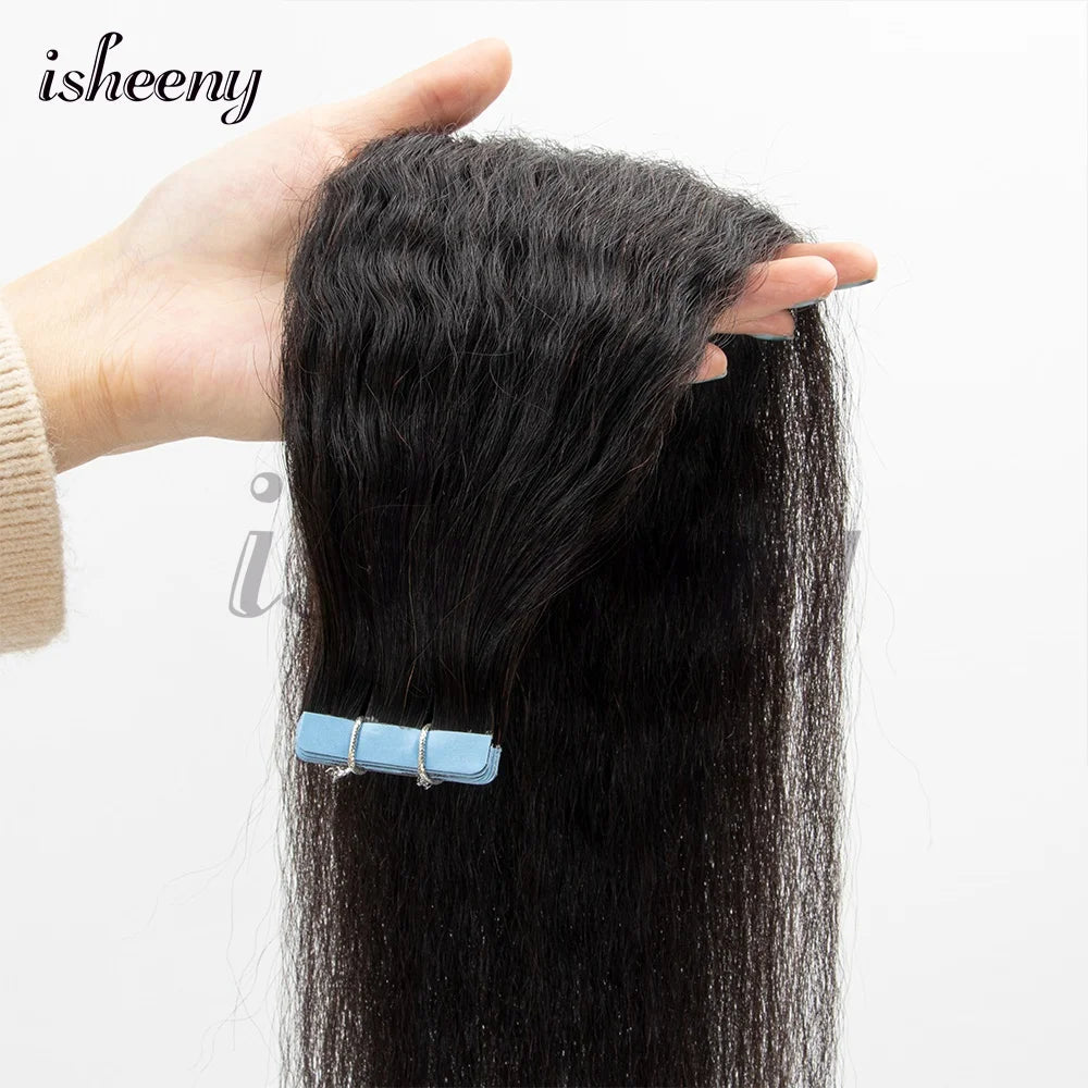 Kinky Straight Invisible Tape In Human Hair Extensions 12"-20" Natural Black Real Remy Tape Ins Hair Easy To Wea For Woman