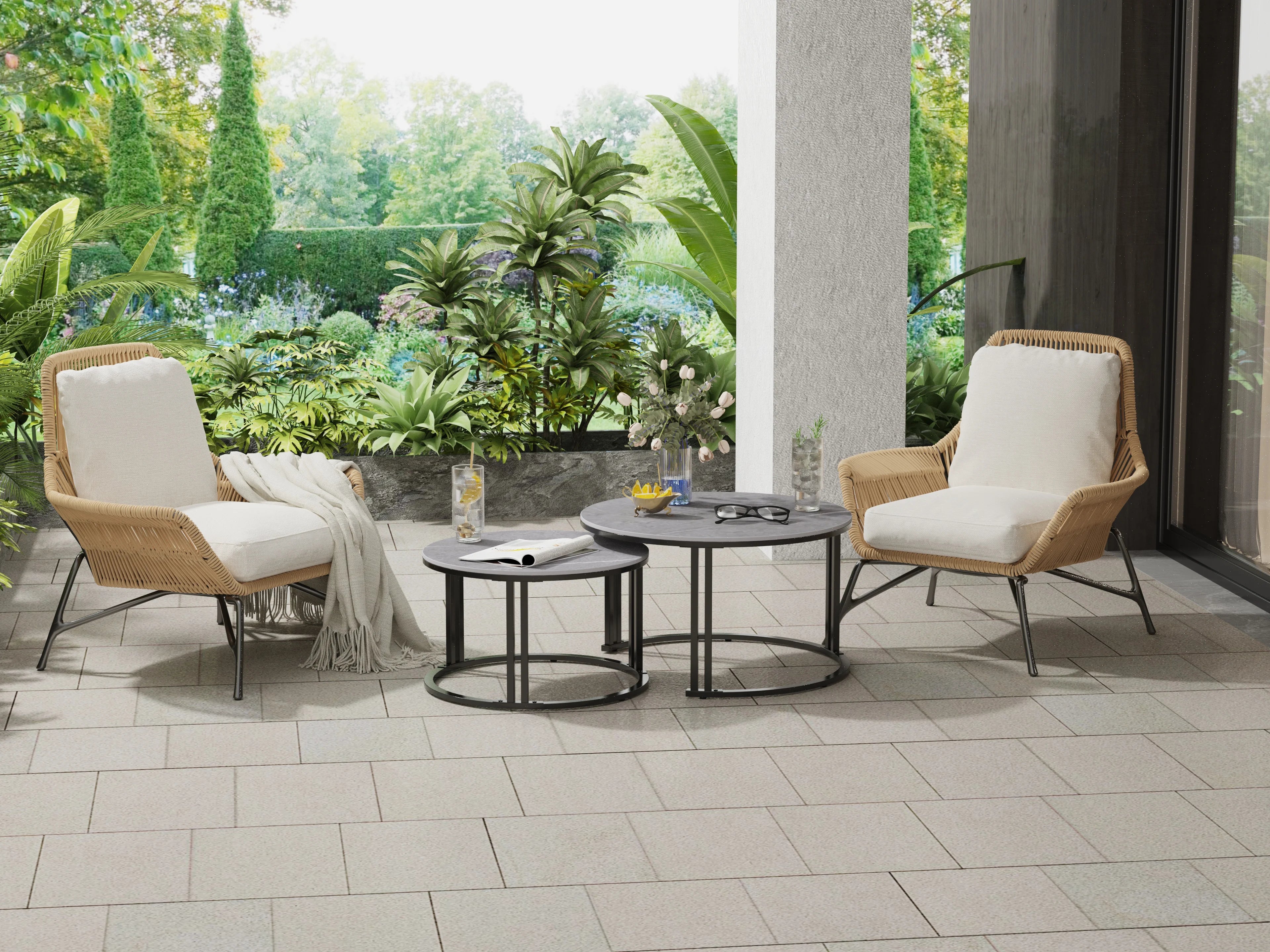 Circle Nesting Coffee Table Set of 2, Modern Chic Round Nested Center Coffee Table with Sinter Stone-top Stacked Sofa Side Table