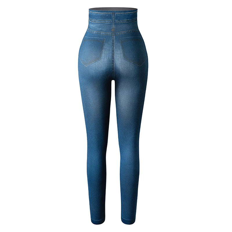 Push Up Seamless High Waist Faux Denim Leggings Women Casual Elastic Pocket Jeans Print Pants Skinny Pencil Leggins Mujer