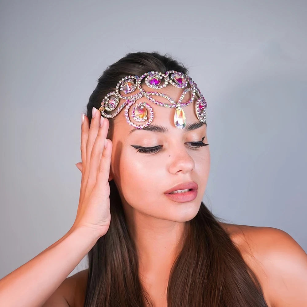 Stonefans Elegant Hollow Forehead Chain Belly Dance Head Decoration Colourful Geometric Rhinestone Headpiece Jewelry Ballroom