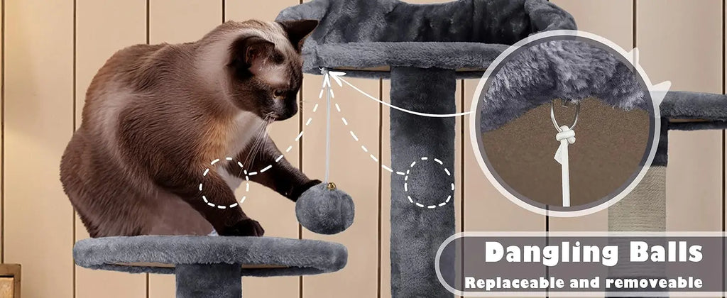 54in Cat Tree, Multi-Level Cat Tower With Spacious Kitten-ear Perch, 2 Cozy Caves, Scratching Posts, Climbing Ladder, 2 Plush Ba