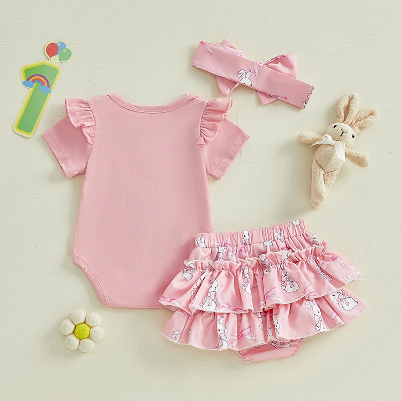 Adorable Toddler Easter Dress Floral Print Sleeveless Romper Ruffle Shorts Headband 3-Piece Outfit Set for Baby Girls