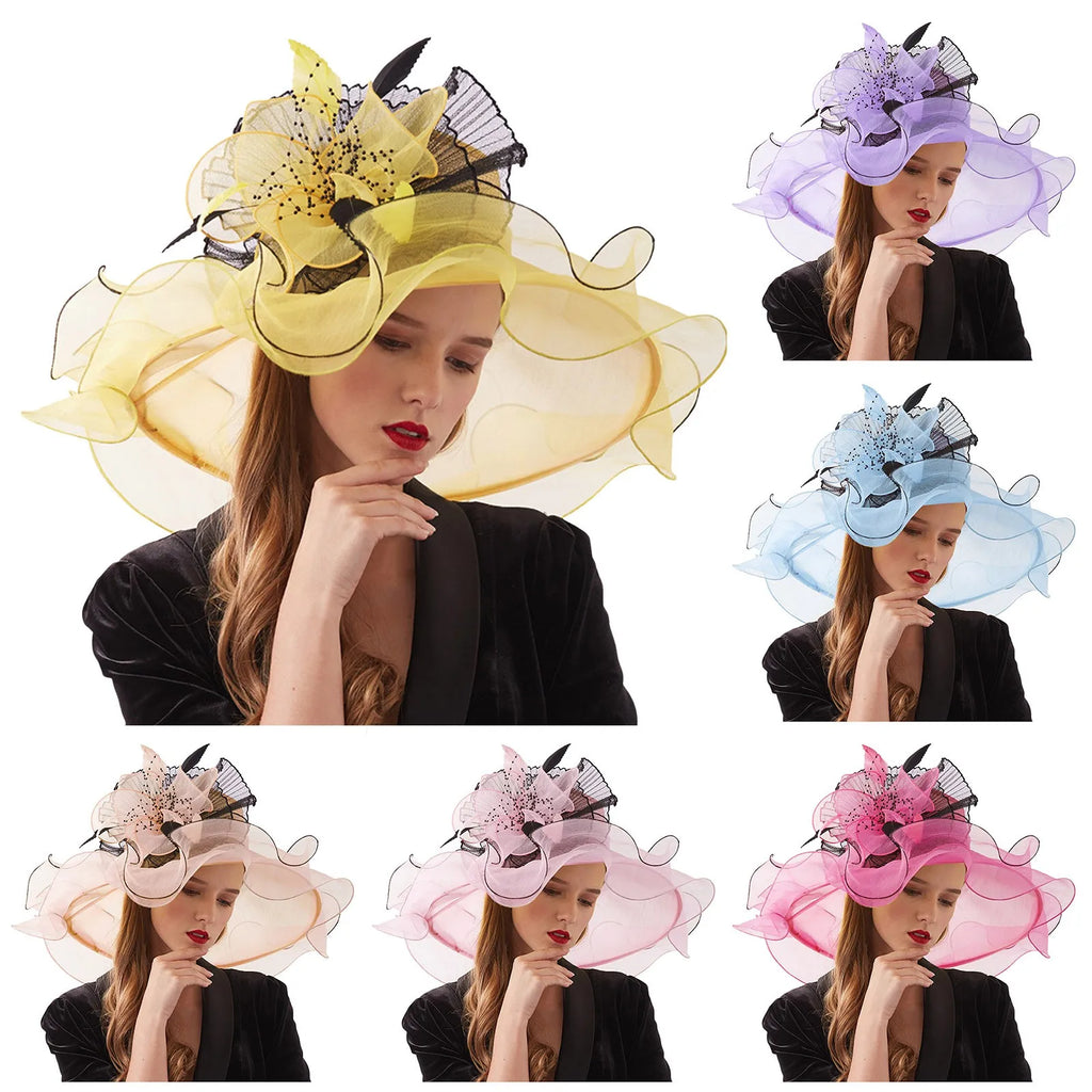 Women Elegant Sun Hats Wide Brim Organza Fedoras Wedding Derby Tea Party Fascinator Hat Summer Floral Sunhats Ladies Beach Cap