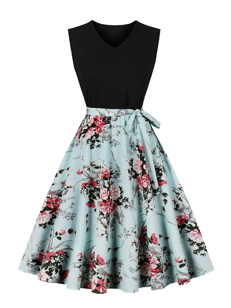 Retro Vintage Women's Summer Dress V-Neck Sleeveless High Waist Chic Floral Print with Belt 50s Style