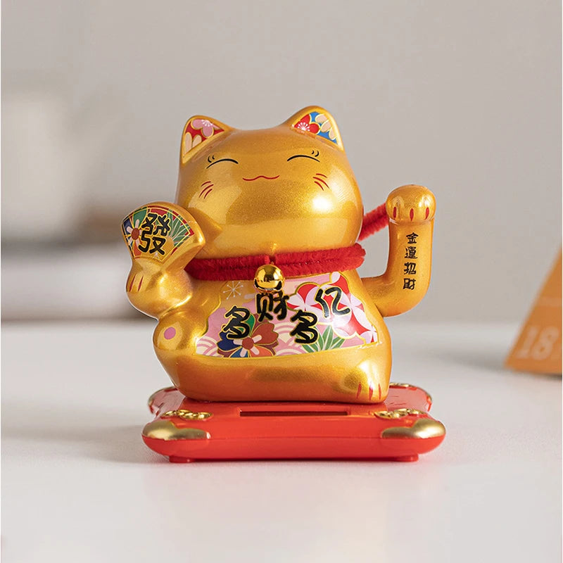 4.3 Inch Solar Powered Waving Ceramic Maneki-neko Lucky Beckoning Cat for Wealth Fortune, Home Office Decor, Gift for Prosperity