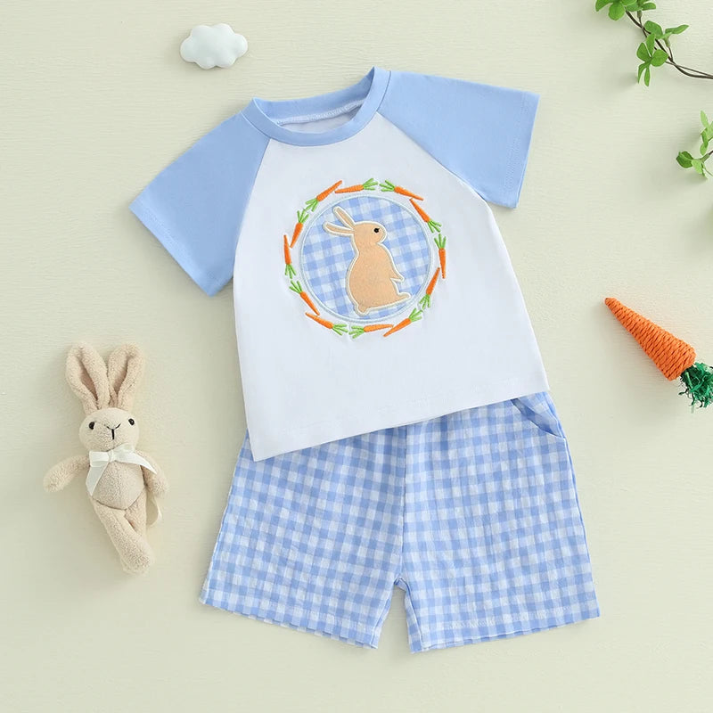 Toddler Boys Easter Outfits Adorable Bunny Embroidery Short Sleeve T-Shirt and Plaid Shorts Set for 2 Piece Clothing Ensemble
