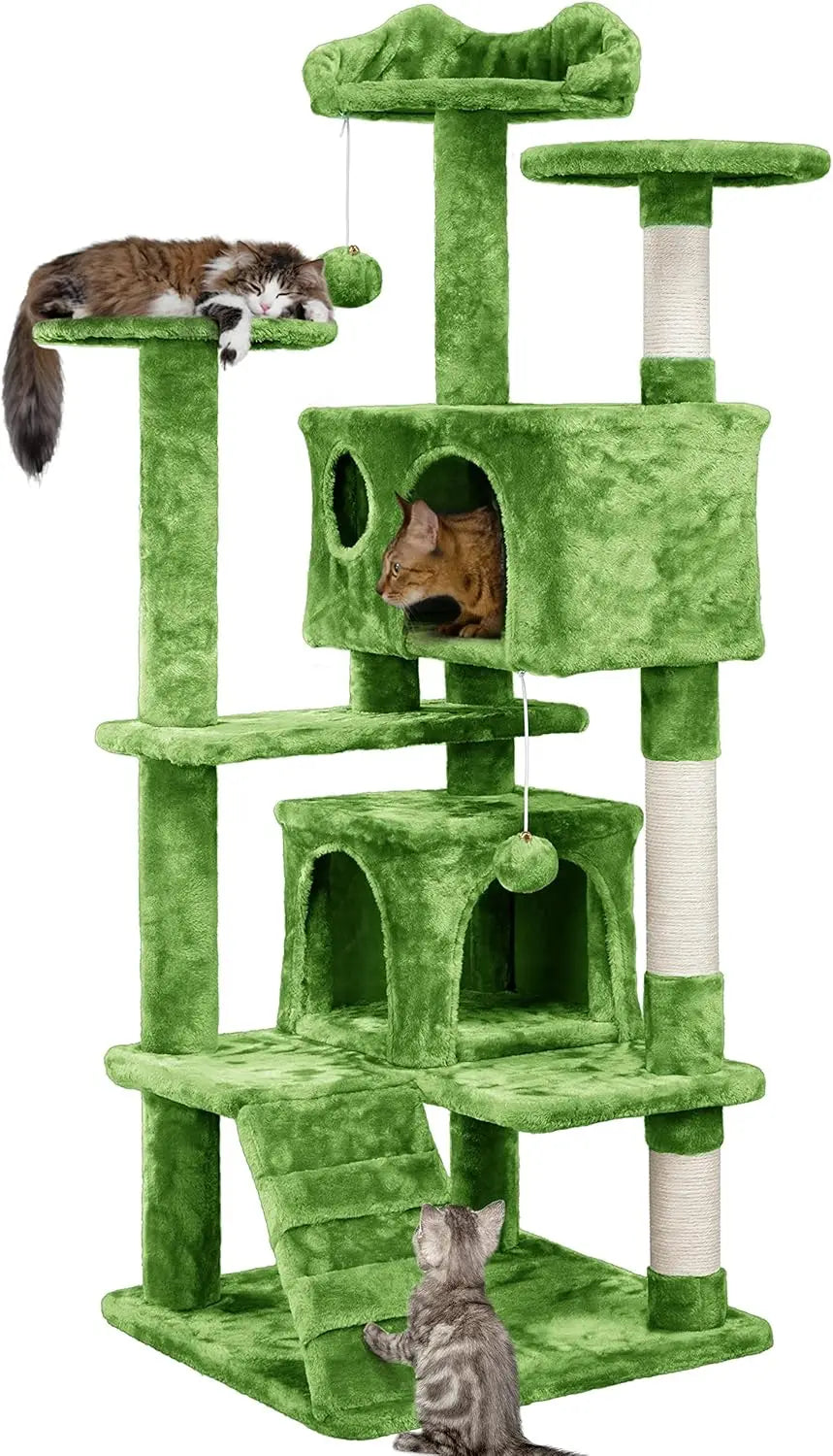 54in Cat Tree, Multi-Level Cat Tower With Spacious Kitten-ear Perch, 2 Cozy Caves, Scratching Posts, Climbing Ladder, 2 Plush Ba