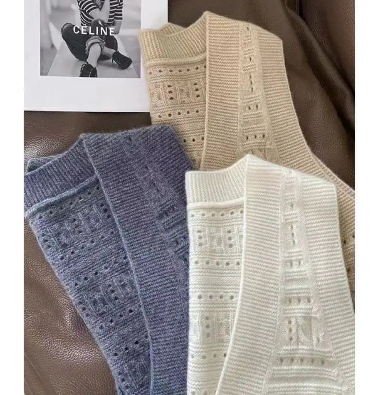 V-Neck Hollowed Out 100% Wool Knitted Vest For Women In AutumnWinter Loose Solid Color Korean Fashion Pullover Sweater Vest Top