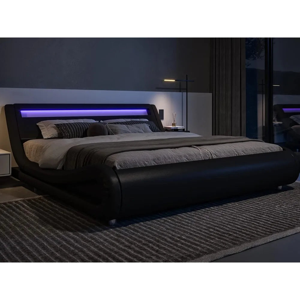 Allewie Full Size LED Platform Bed Frame with Adjustable Headboard/No Box Spring Need/Easy Assembly/Faux Leather in Black