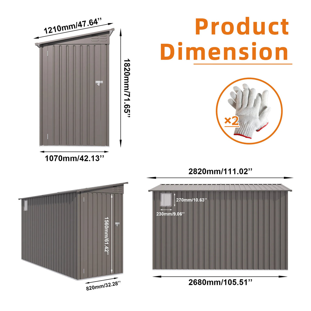 SUSUA 4 x 9 FT Outdoor Storage Shed, Metal Garden Shed Tool House with Sloping Roof,2 vents and 1 Side Open Door for Backyard