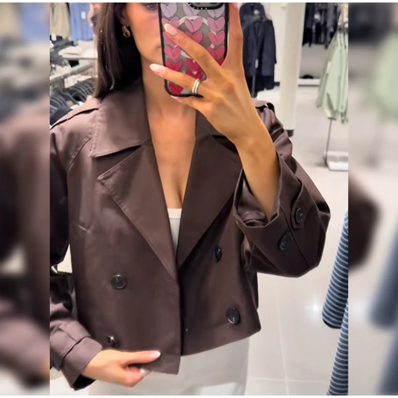Solid Double-breasted Short Windbreaker Women Fashion Lapel Long Sleeve Slim Thin Jackets 2025 Autumn Female High Street Outwear