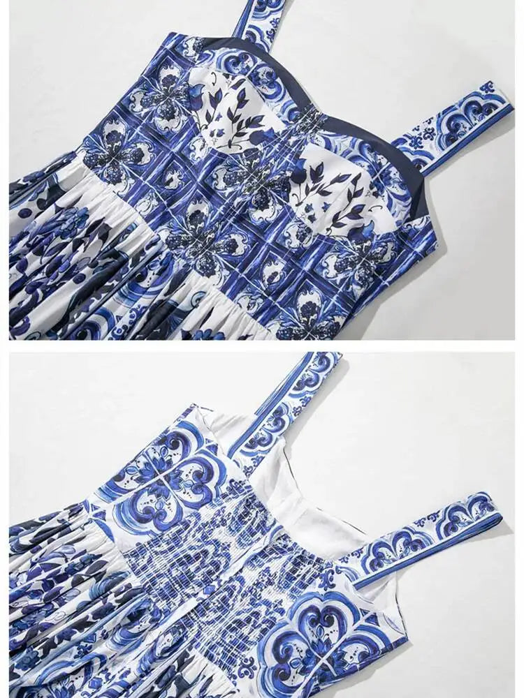 JAMERARY Summer Blue And White Porcelain Flower Printing Floral Long Dress Women Straps Zipper Elastic Backless Midi Vestidos