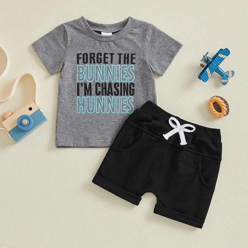 Cute Boys Easter Outfits with Letter Print Round Neck Short Sleeve T-Shirts and Elastic Waist Shorts - 2 Piece Clothing Set for